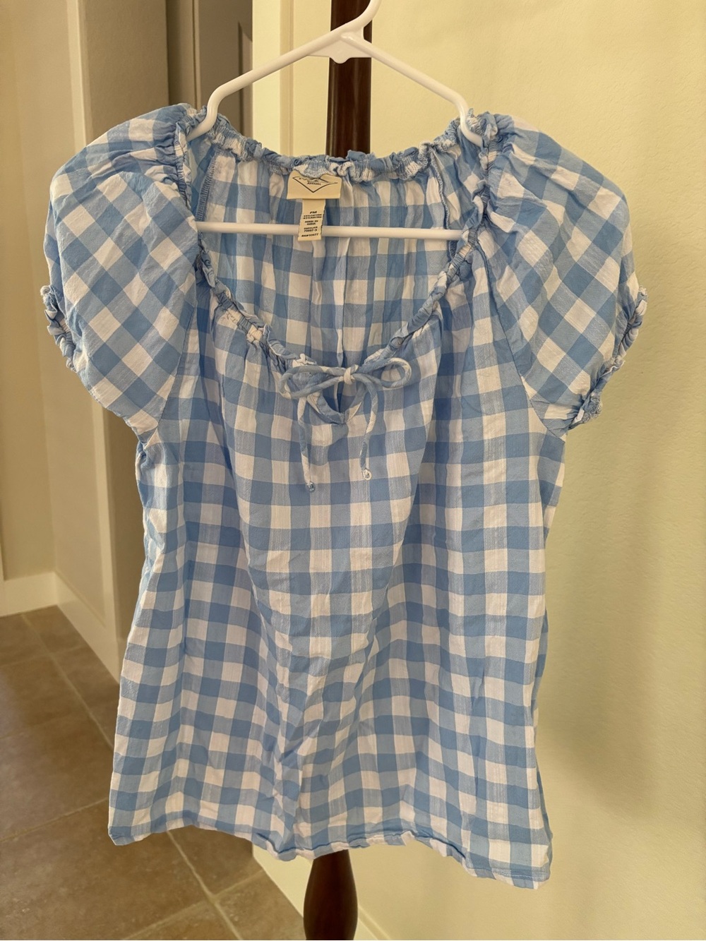 St. John's Bay Blue and White Gingham Peasant Top